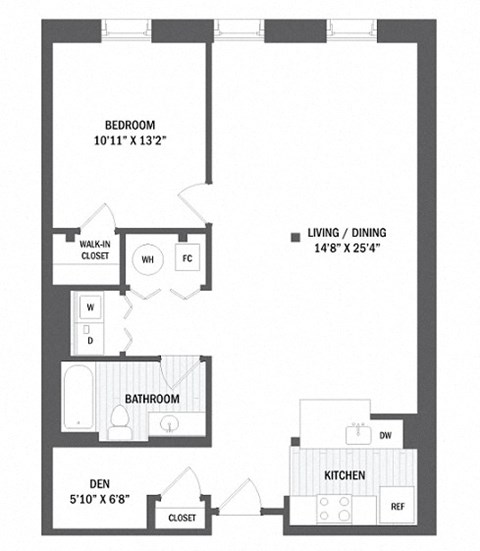 Floor plan for 1 bed, 1 bath, 891 sqft